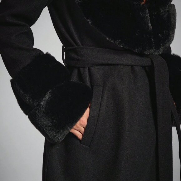 Black Elegant Women's Faux Fur Fluffy Shawl Collar Long Coat - Picture 7 of 7